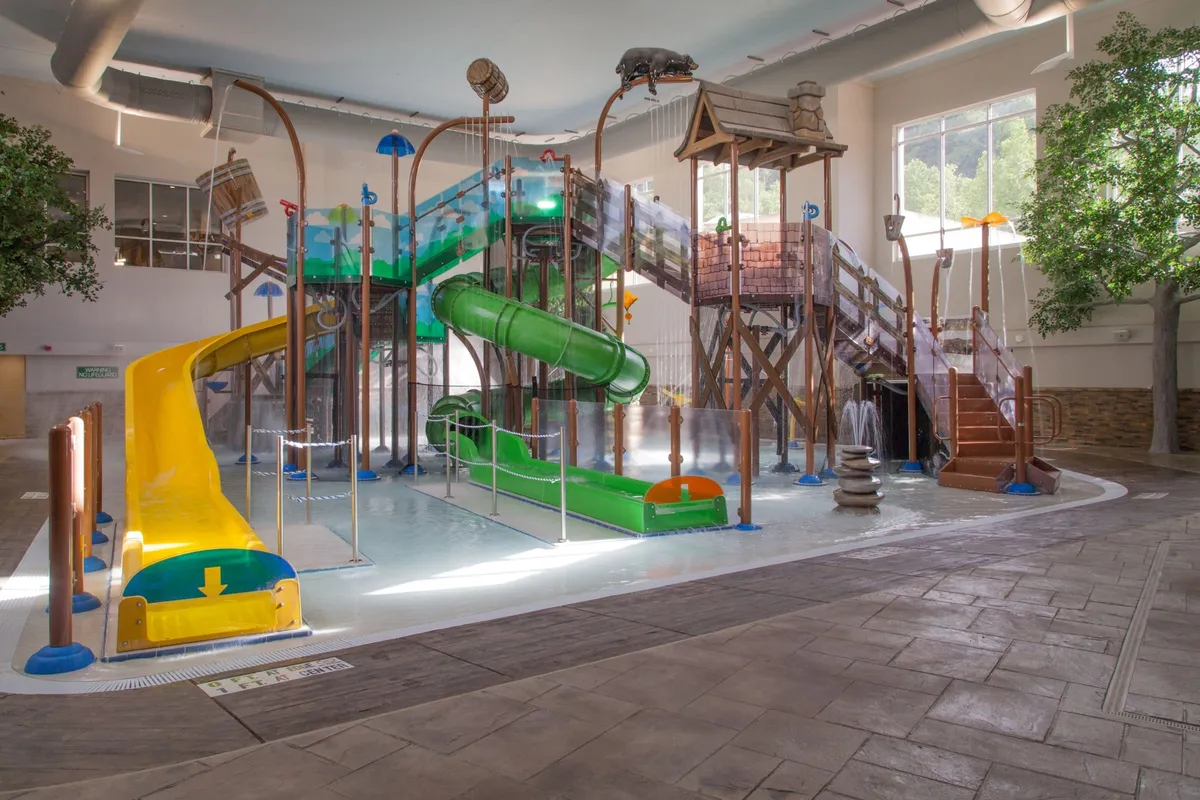 A vibrant indoor water park area featuring colorful water slides, a lively play structure, fountains, and decorative trees. Children and families can be seen playing and splashing, emphasizing an atmosphere of excitement and fun.